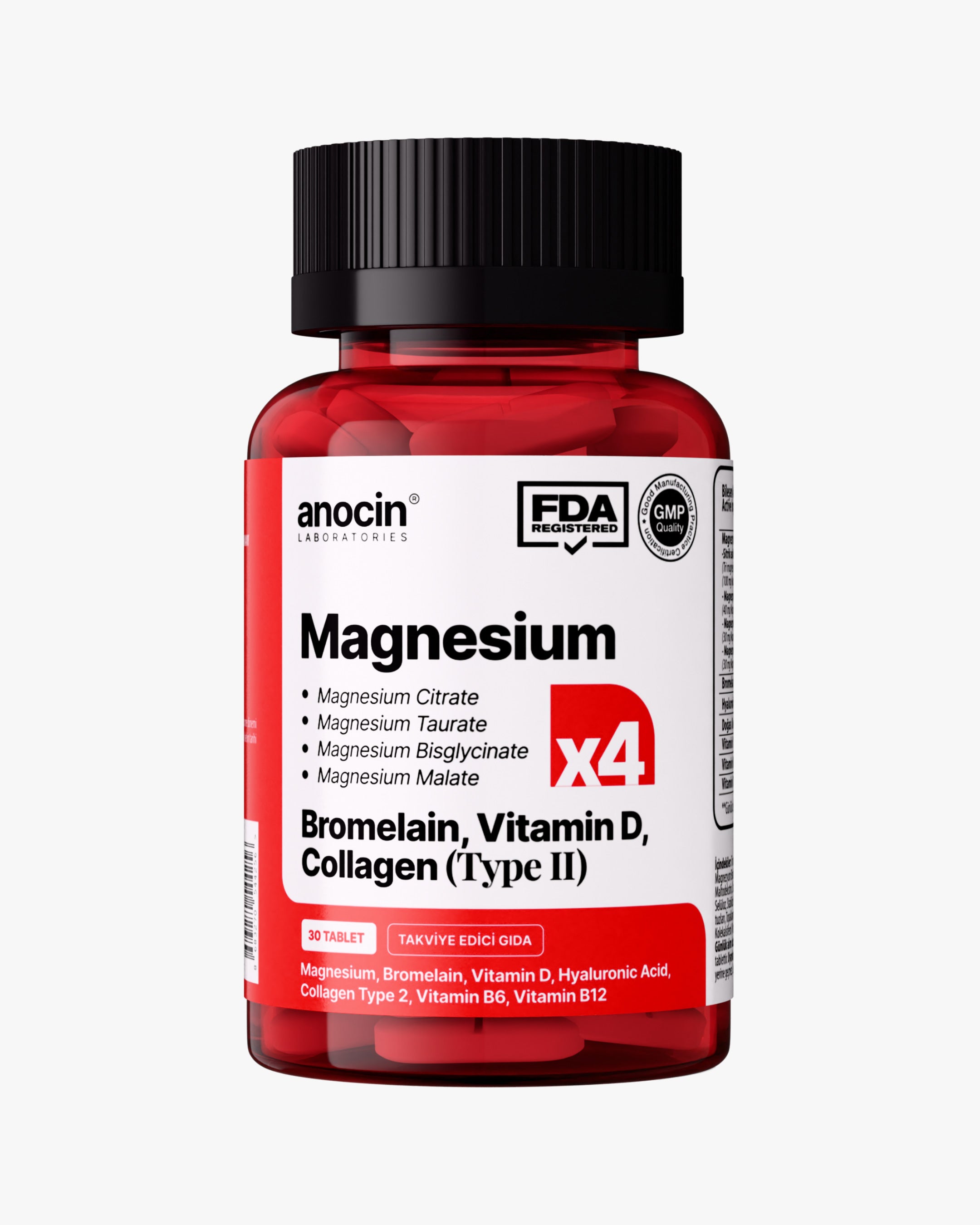 Magnezyum X4 - Sitrat, Taurat, Bisglisinat, Malat + Bromelain, D Vitamini, Kolajen (Tip 2), B6 Vitamini ve B12 Vitamini