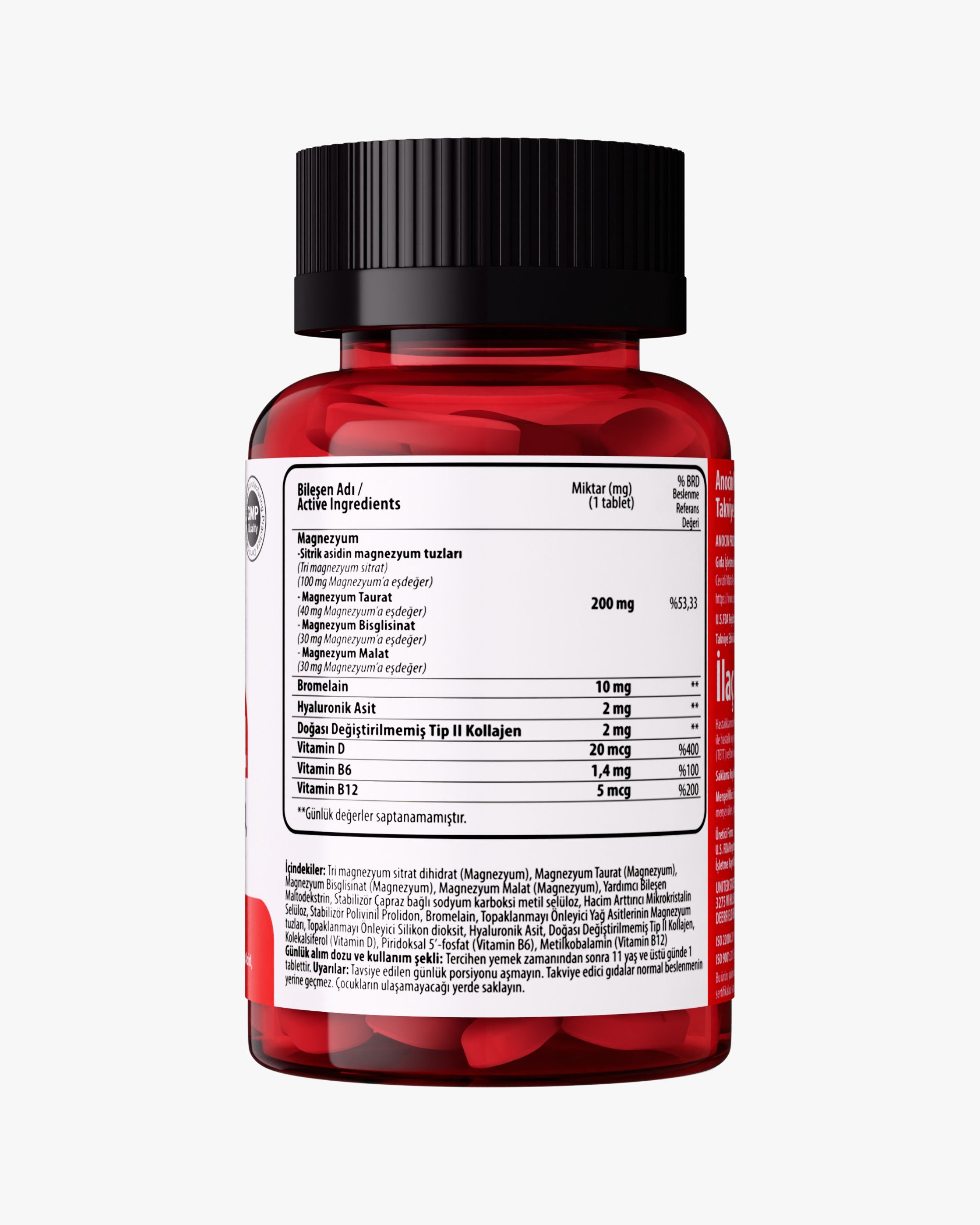 Magnezyum X4 - Sitrat, Taurat, Bisglisinat, Malat + Bromelain, D Vitamini, Kolajen (Tip 2), B6 Vitamini ve B12 Vitamini