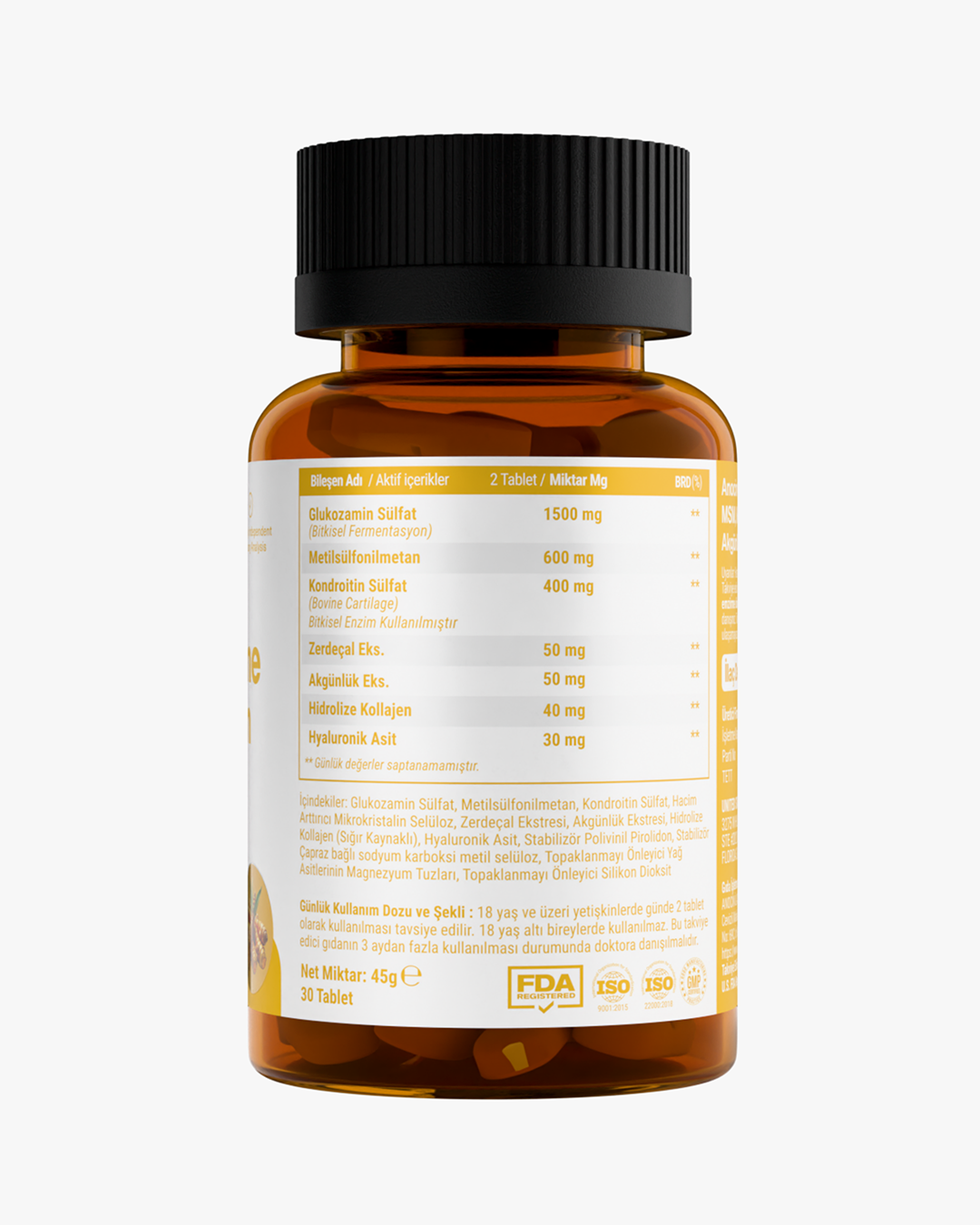 Glukozamin, MSM, Kondroitin Sülfat, Kolajen, Zerdeçal Özü, Akgünlük Ekstraktlı Tablet 1500 Mg
