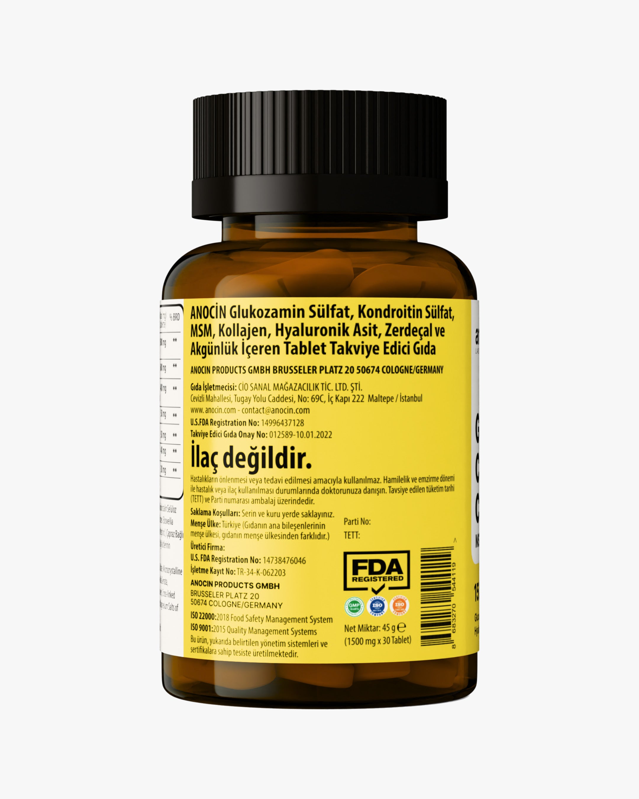 Glukozamin, MSM, Kondroitin Sülfat, Kolajen, Zerdeçal Özü, Akgünlük Ekstraktlı Tablet 1500 Mg