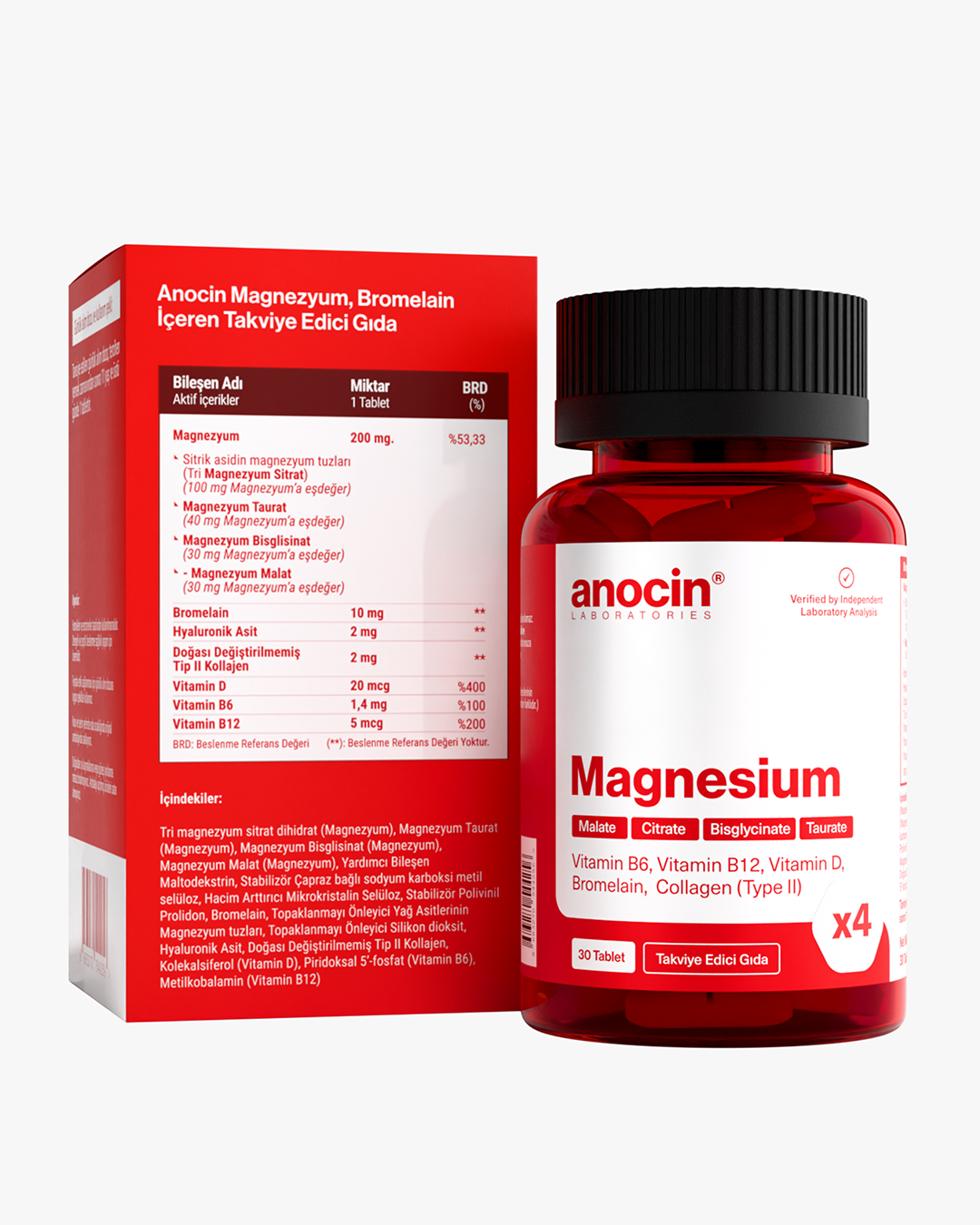 Magnezyum X4 - Sitrat, Taurat, Bisglisinat, Malat + Bromelain, D Vitamini, Kolajen (Tip 2), B6 Vitamini ve B12 Vitamini