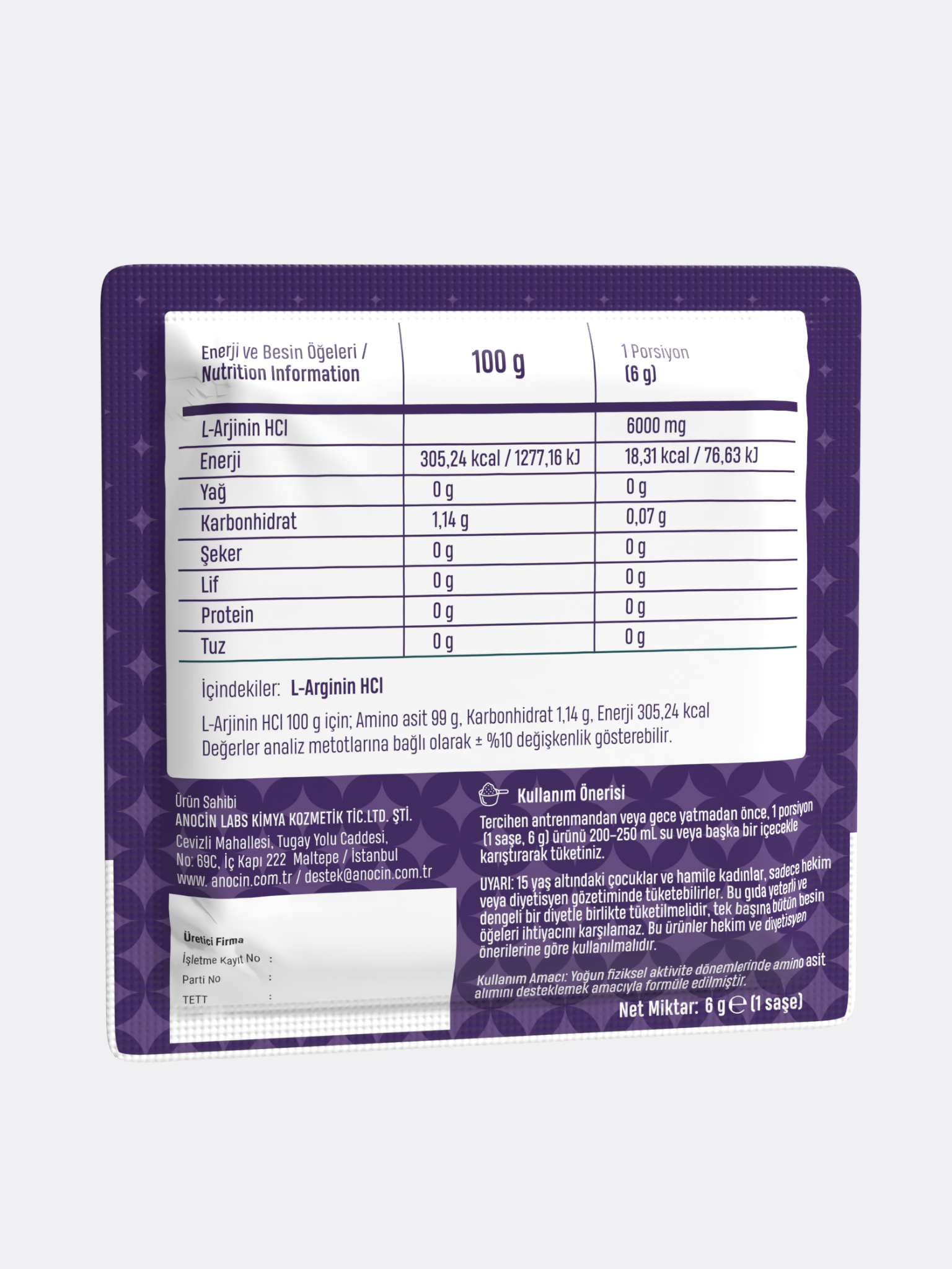 L-ARGININE HCL 120 G / 20 SERVİS / 1 SAŞE 6G
