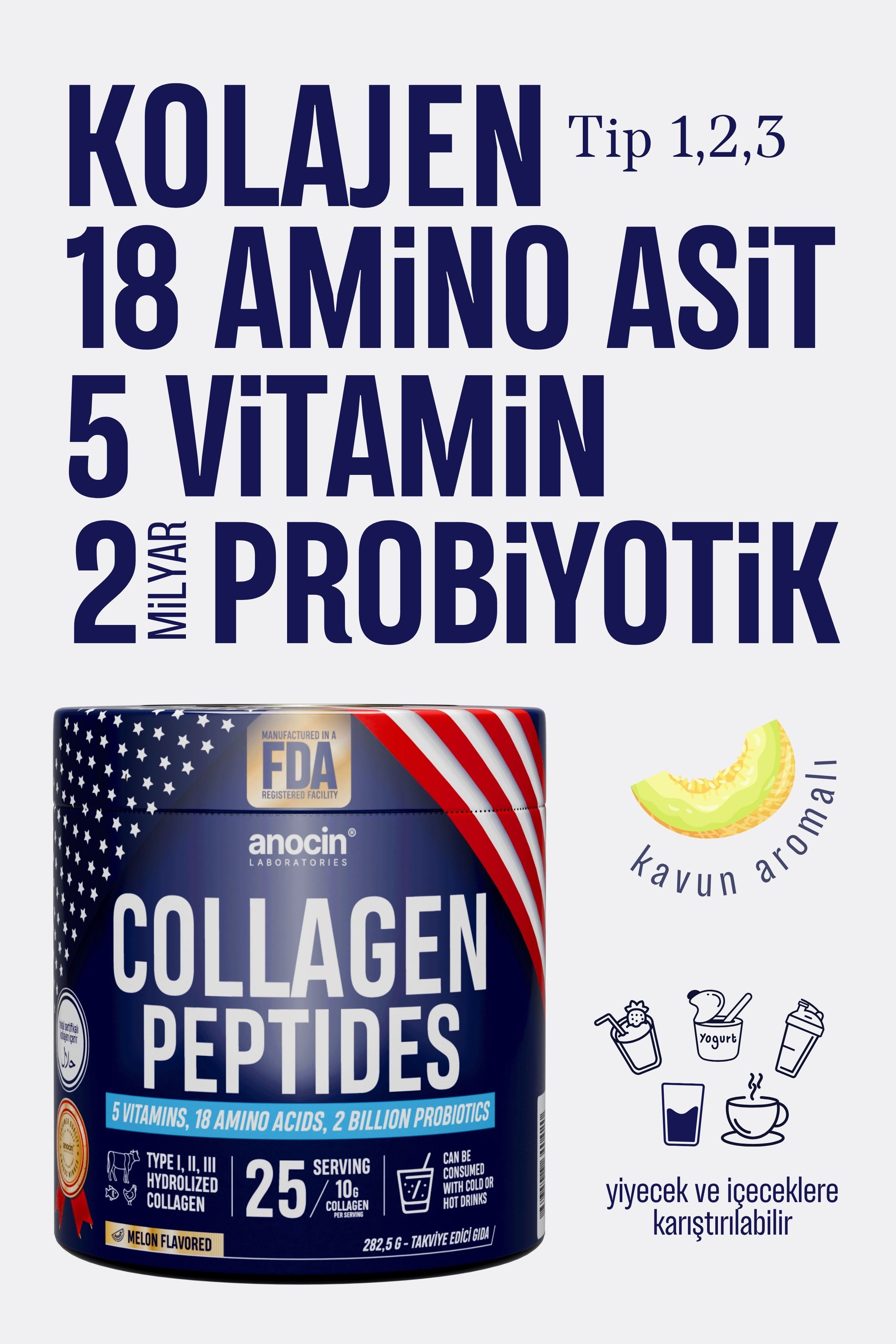 Kolajen (Tip I, II, III) + 18 Amino Asit + 5 Vitamin + 2 Milyar Probiyotik