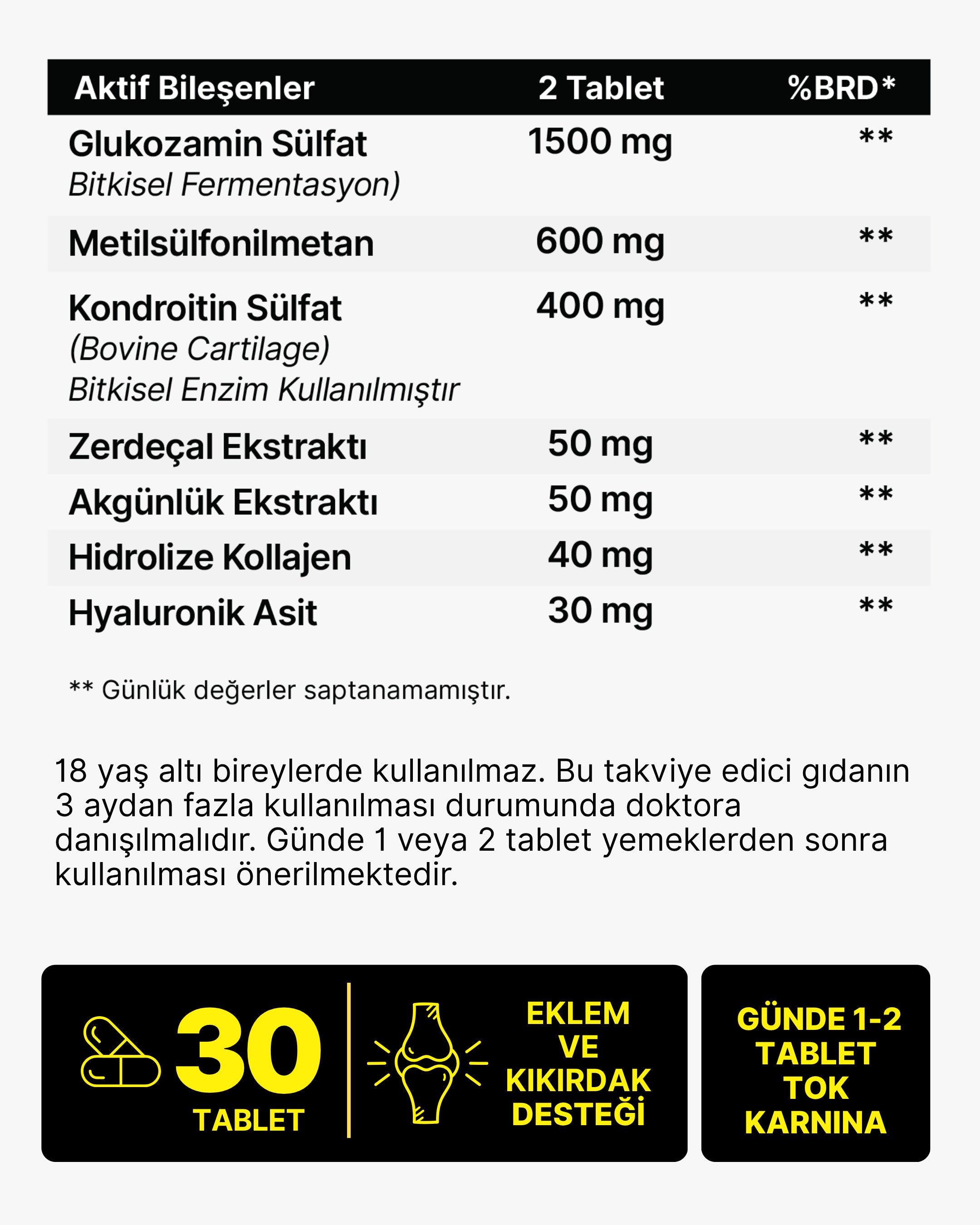 Glukozamin, MSM, Kondroitin Sülfat, Kolajen, Zerdeçal Özü, Akgünlük Ekstraktlı Tablet 1500 Mg