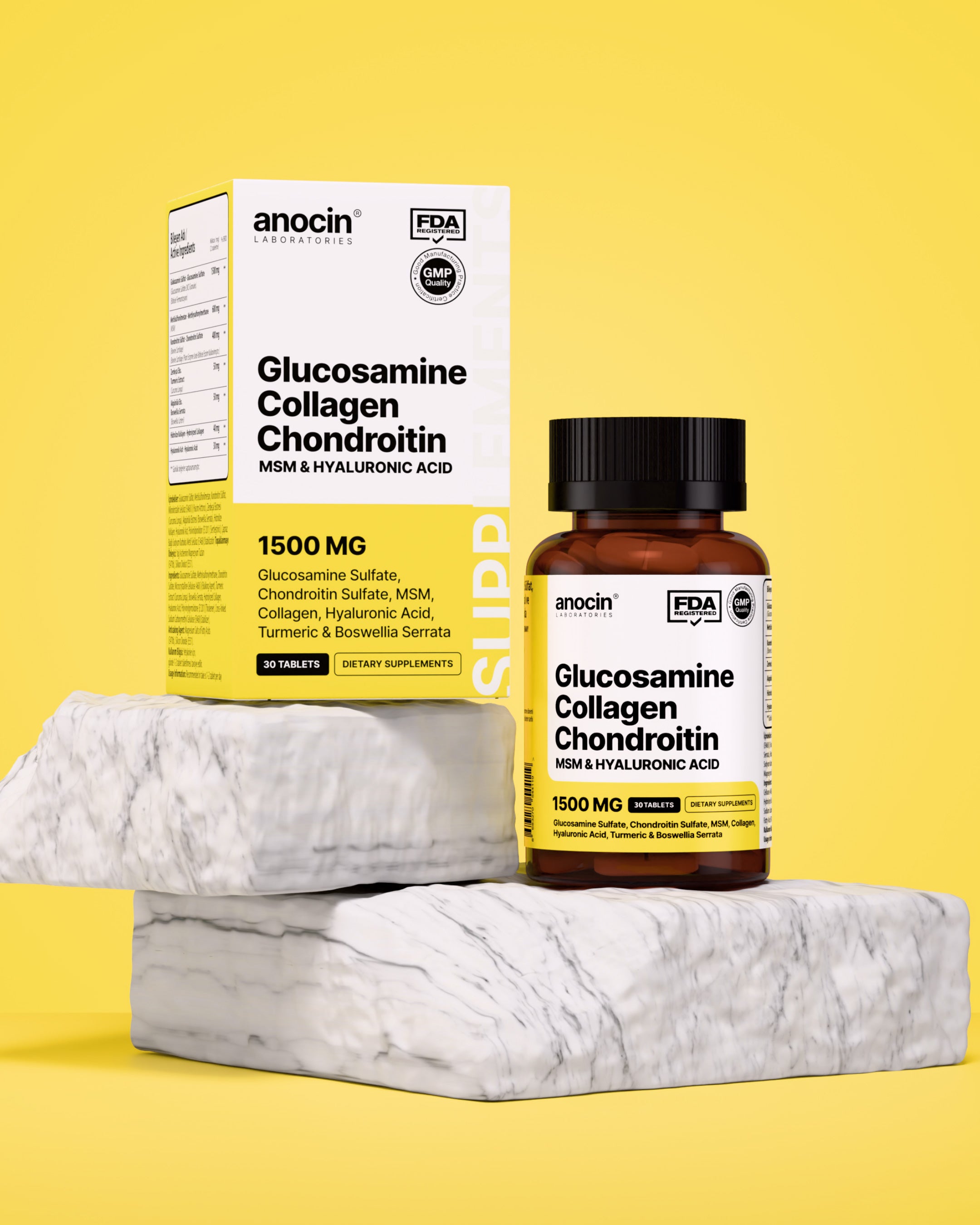 Glukozamin, MSM, Kondroitin Sülfat, Kolajen, Zerdeçal Özü, Akgünlük Ekstraktlı Tablet 1500 Mg