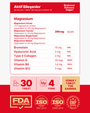 Magnezyum X4 - Sitrat, Taurat, Bisglisinat, Malat + Bromelain, D Vitamini, Kolajen (Tip 2), B6 Vitamini ve B12 Vitamini