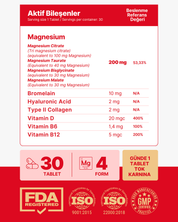 Magnezyum X4 - Sitrat, Taurat, Bisglisinat, Malat + Bromelain, D Vitamini, Kolajen (Tip 2), B6 Vitamini ve B12 Vitamini