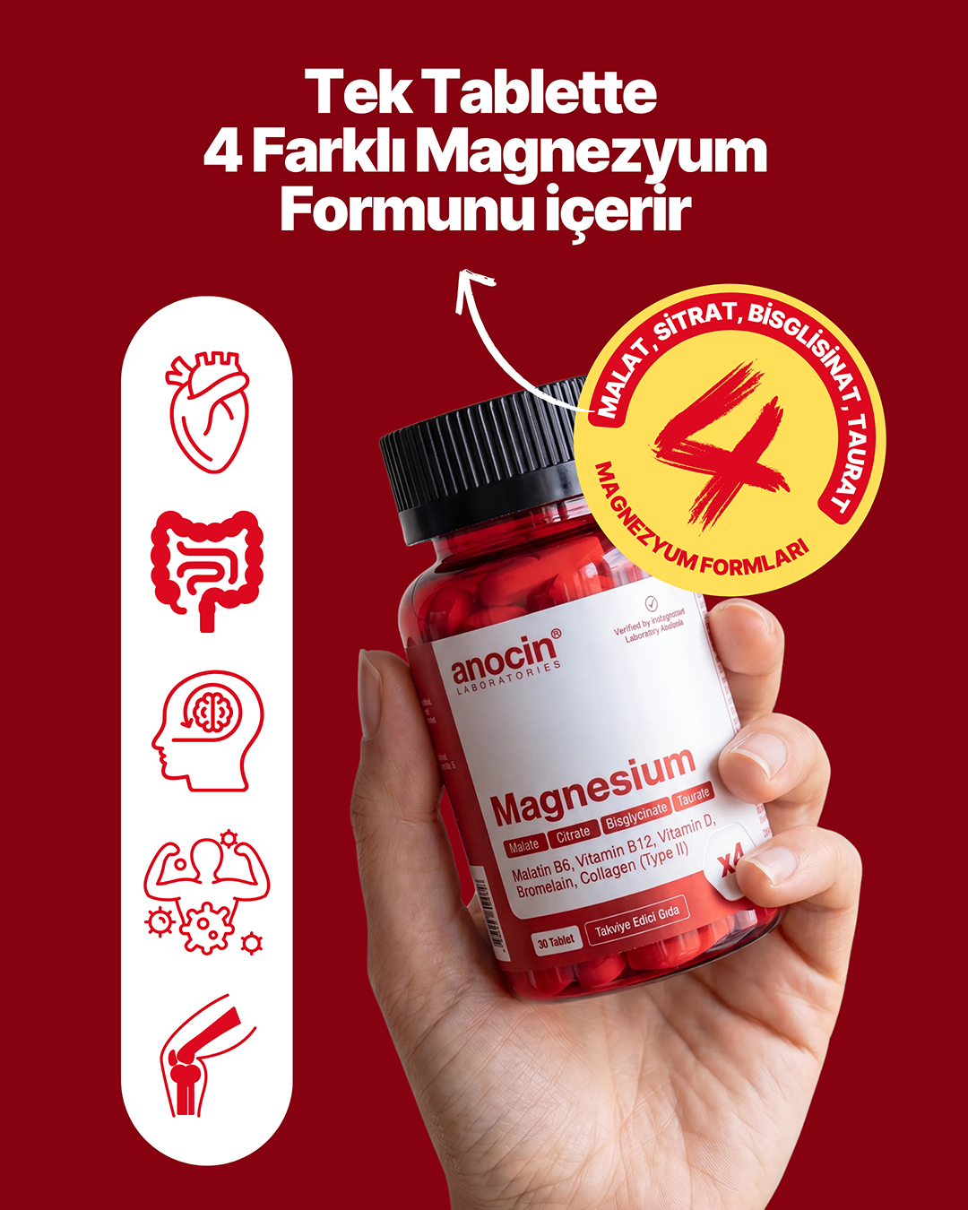 Magnezyum X4 - Sitrat, Taurat, Bisglisinat, Malat + Bromelain, D Vitamini, Kolajen (Tip 2), B6 Vitamini ve B12 Vitamini