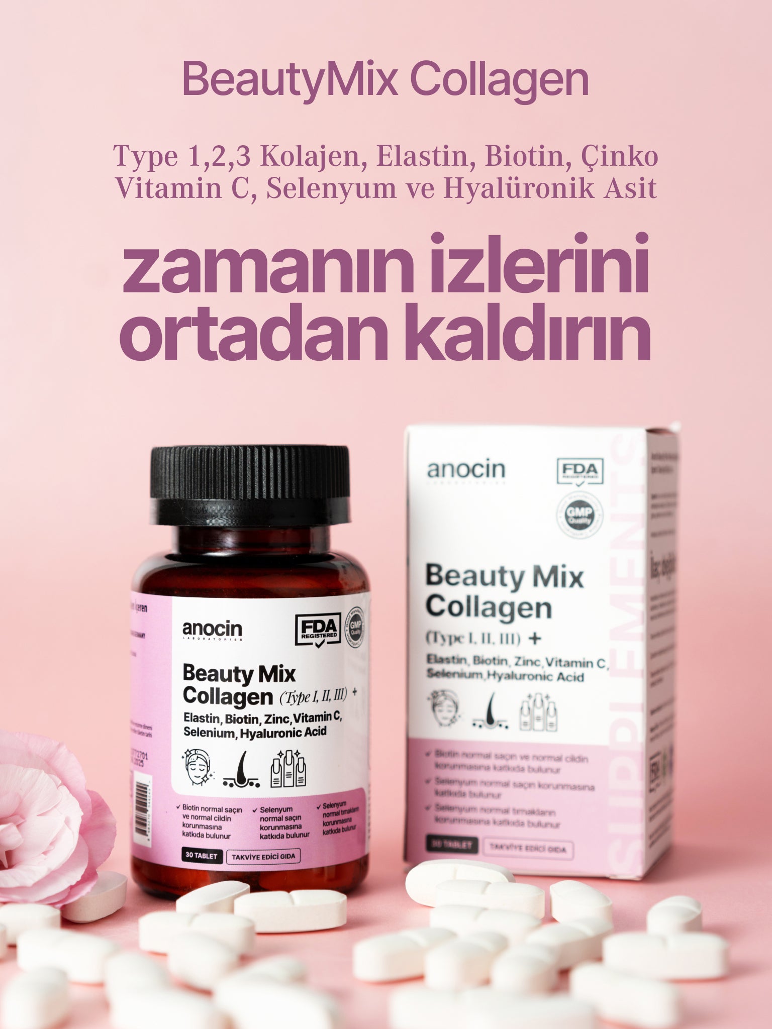 Beauty MIX Kolajen (Tip 1,2,3) Elastin, Biotin, Çinko, C Vitamini, Selenyum ve Hyaluronik Asit