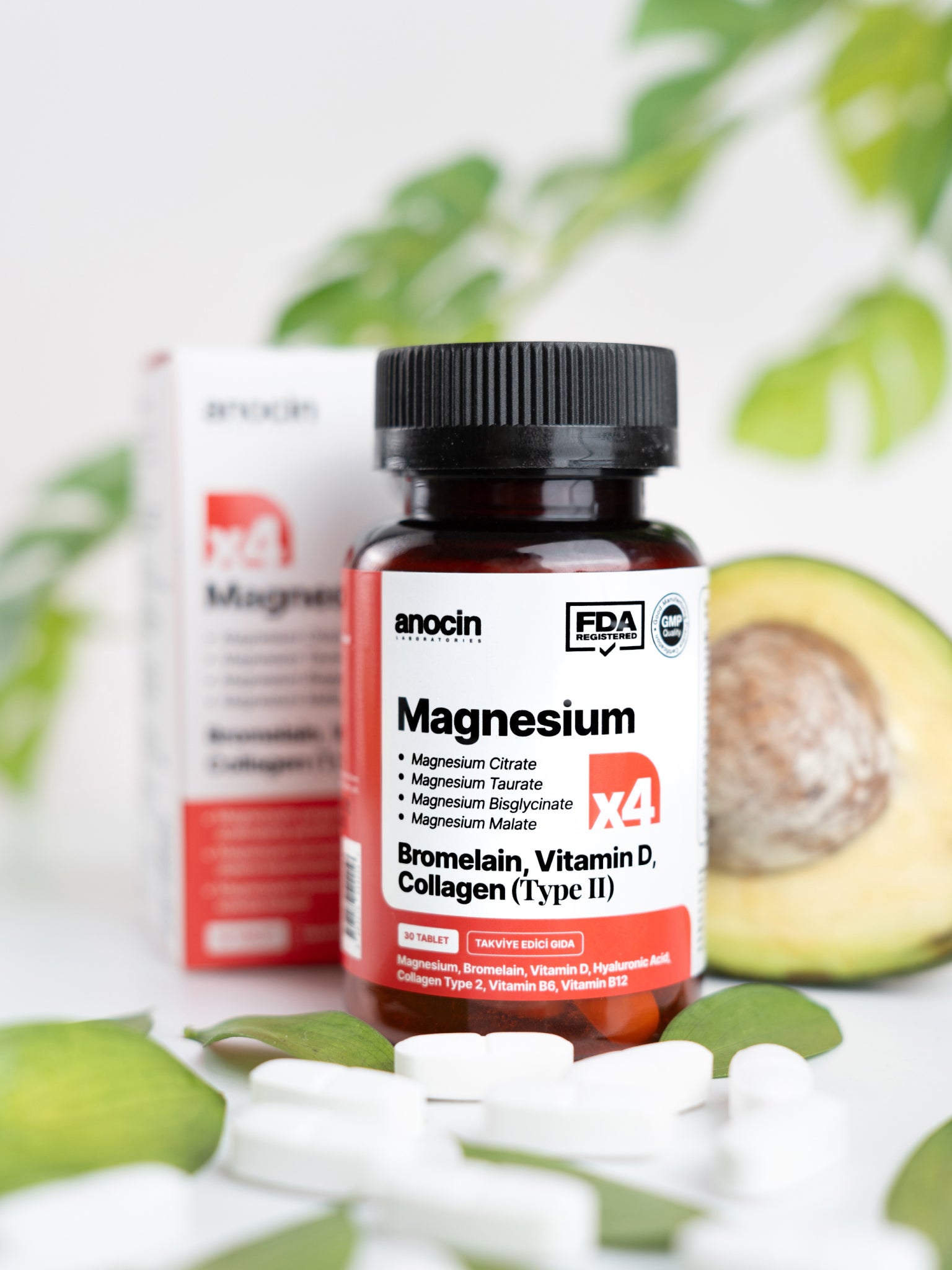 Magnezyum X4 - Sitrat, Taurat, Bisglisinat, Malat + Bromelain, D Vitamini, Kolajen (Tip 2), B6 Vitamini ve B12 Vitamini